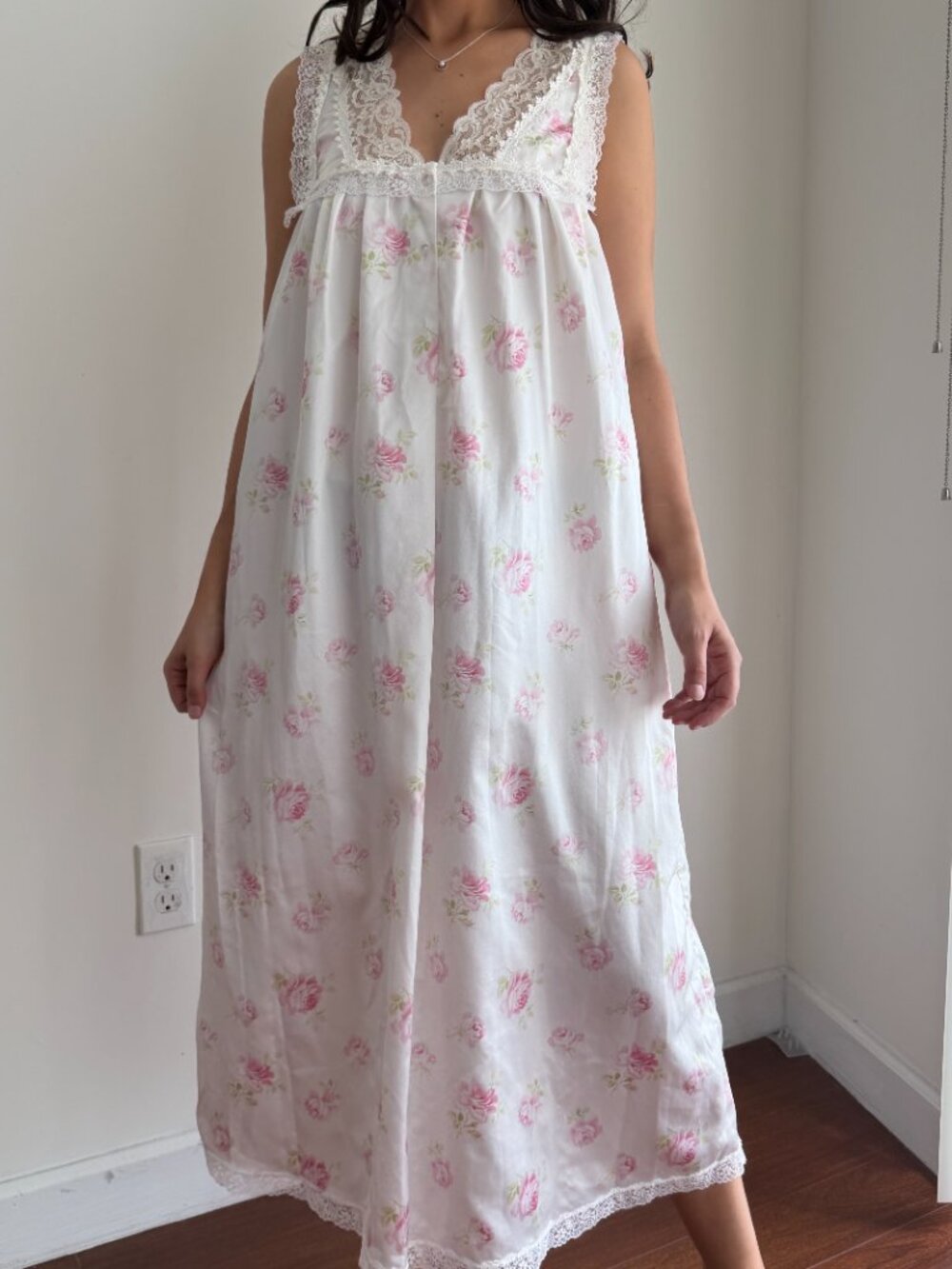 Vintage Christian Dior Nightgown Medium Floral Satin Lace Coquette Long Dress